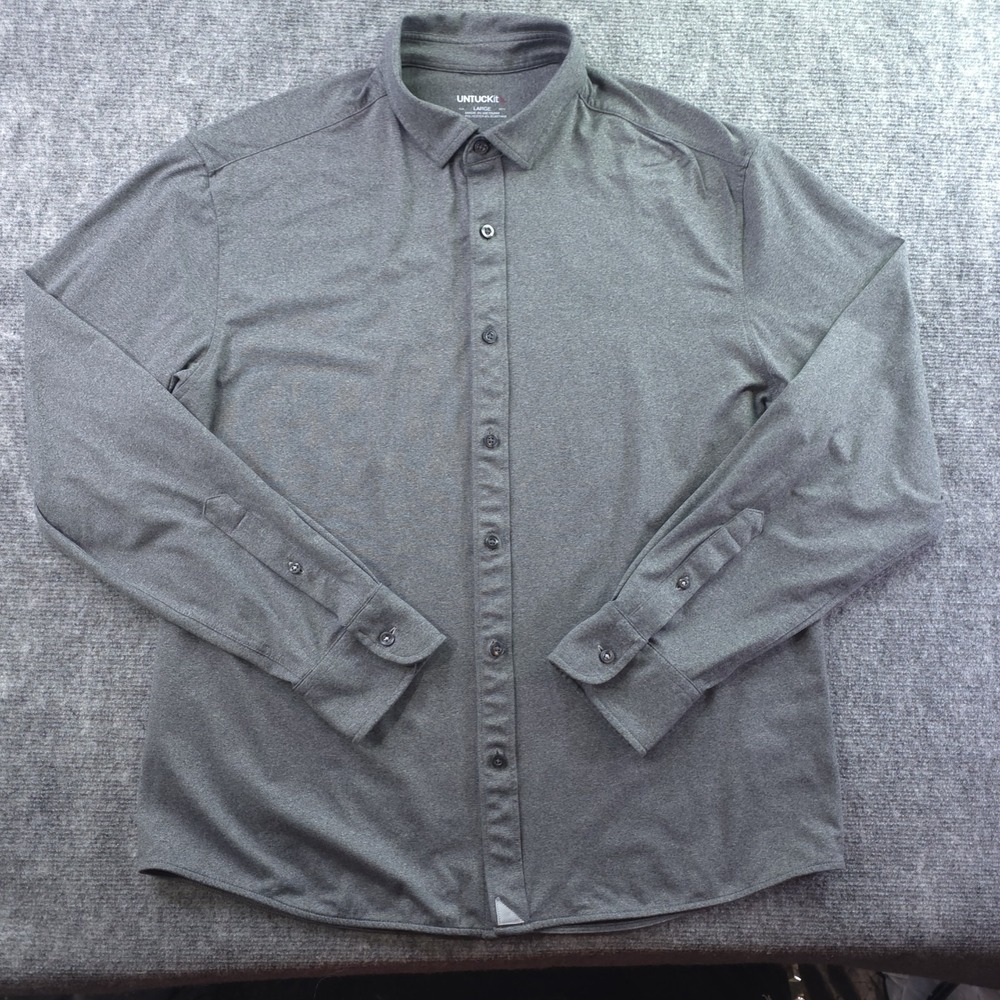 Untuckit Shirt Large Gray‎ Solid Polyester Stretch Long Sleeve Button Up
